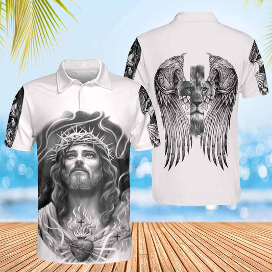 Jesus Lion Heart Wings Jesus Polo Shirts - Christian Shirt For Men And Women