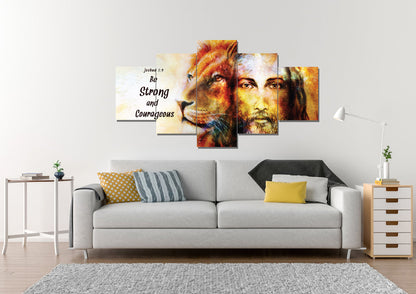Jesus & Lion Joshua 19 Be Strong And Courageous Wall Art - Christian Canvas Wall Art