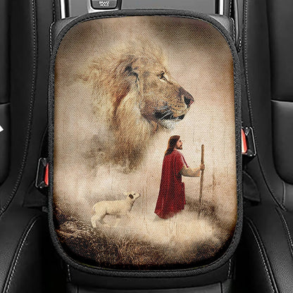 Jesus Lion King And Lamb Seat Box Cover, Jesus Portrait Car Center Console Cover, Christian Car Interior Accessories