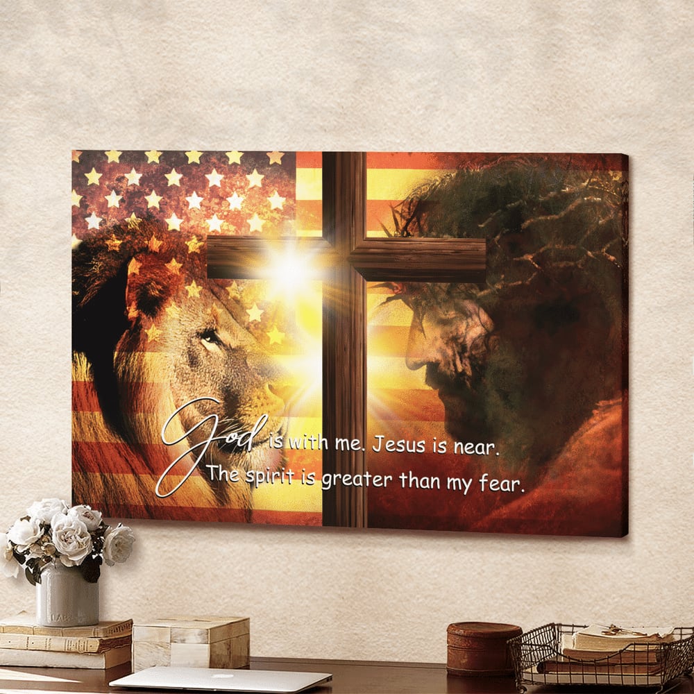 Jesus Lion King Cross God Is With Me Canvas Wall Art - Jesus Canvas Pictures - Christian Wall Posters