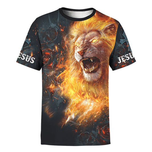 Jesus Lion King Of The Kings Burning Rose 3d Shirt - Christian 3D Shirt