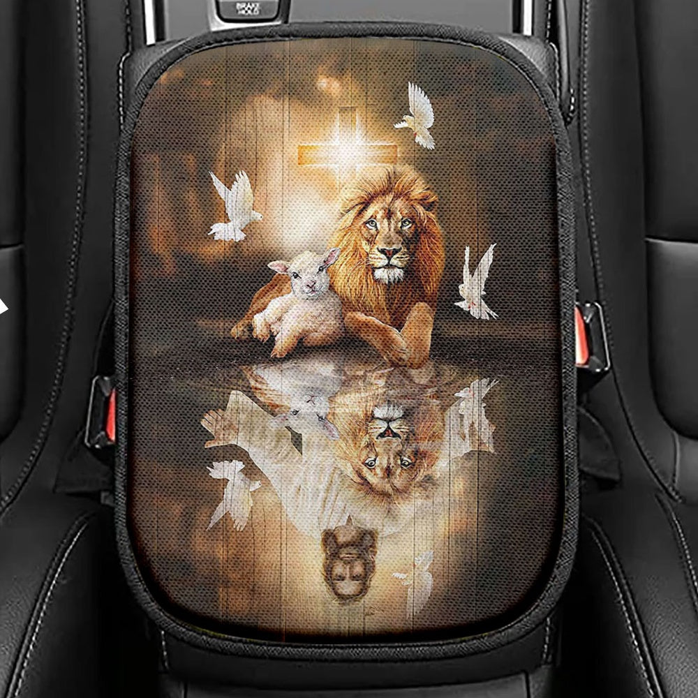 Jesus Lion Lamb Of God And Dove Seat Box Cover, Christian Car Center Console Cover, Bible Verse Car Interior Accessories