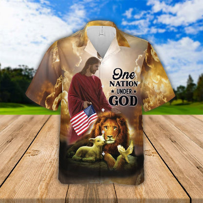 Jesus Lion Lamb One Nation Under God Hawaiian Shirts - Religious Hawaiian Shirts - Hawaiian Christian For Men Women