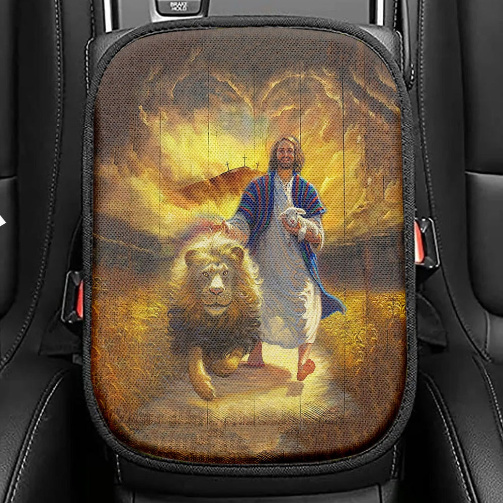 Jesus Lion & Lamb Seat Box Cover, Christian Car Center Console Cover, Religious Car Interior Accessories
