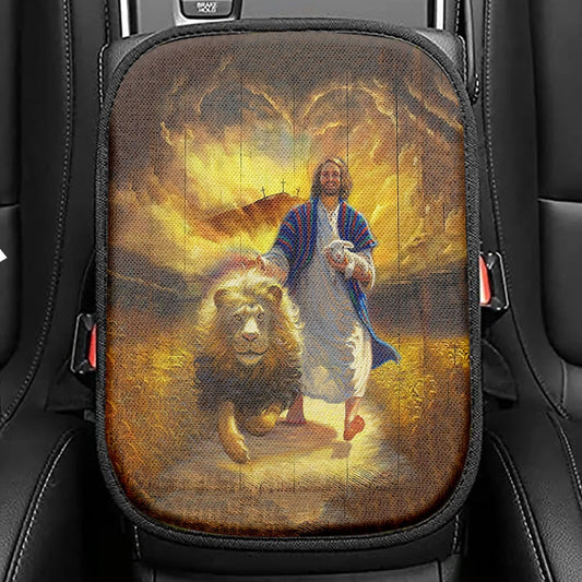Jesus Lion & Lamb Seat Box Cover, Christian Car Center Console Cover, Religious Car Interior Accessories
