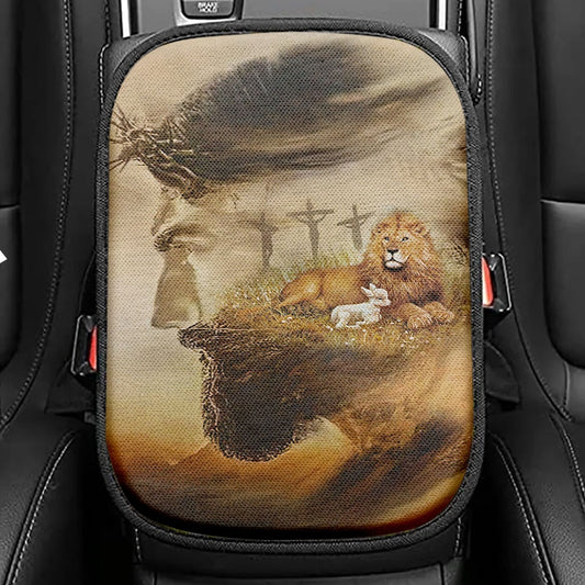 Jesus & Lion & Lamb Seat Box Cover, Jesus Car Center Console Cover, Christian Car Interior Accessories