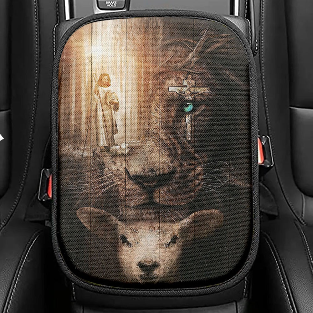 Jesus Lion & Lamb Seat Box Cover, Jesus Car Center Console Cover, Christian Car Interior Accessories