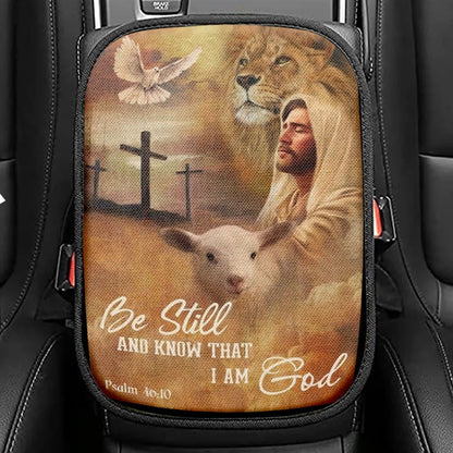 Jesus Lion Of Judah And Lamb Of God Be Still And Know That I Am God Car Center Console Cover, Christian Armrest Seat Cover, Bible Seat Box Cover