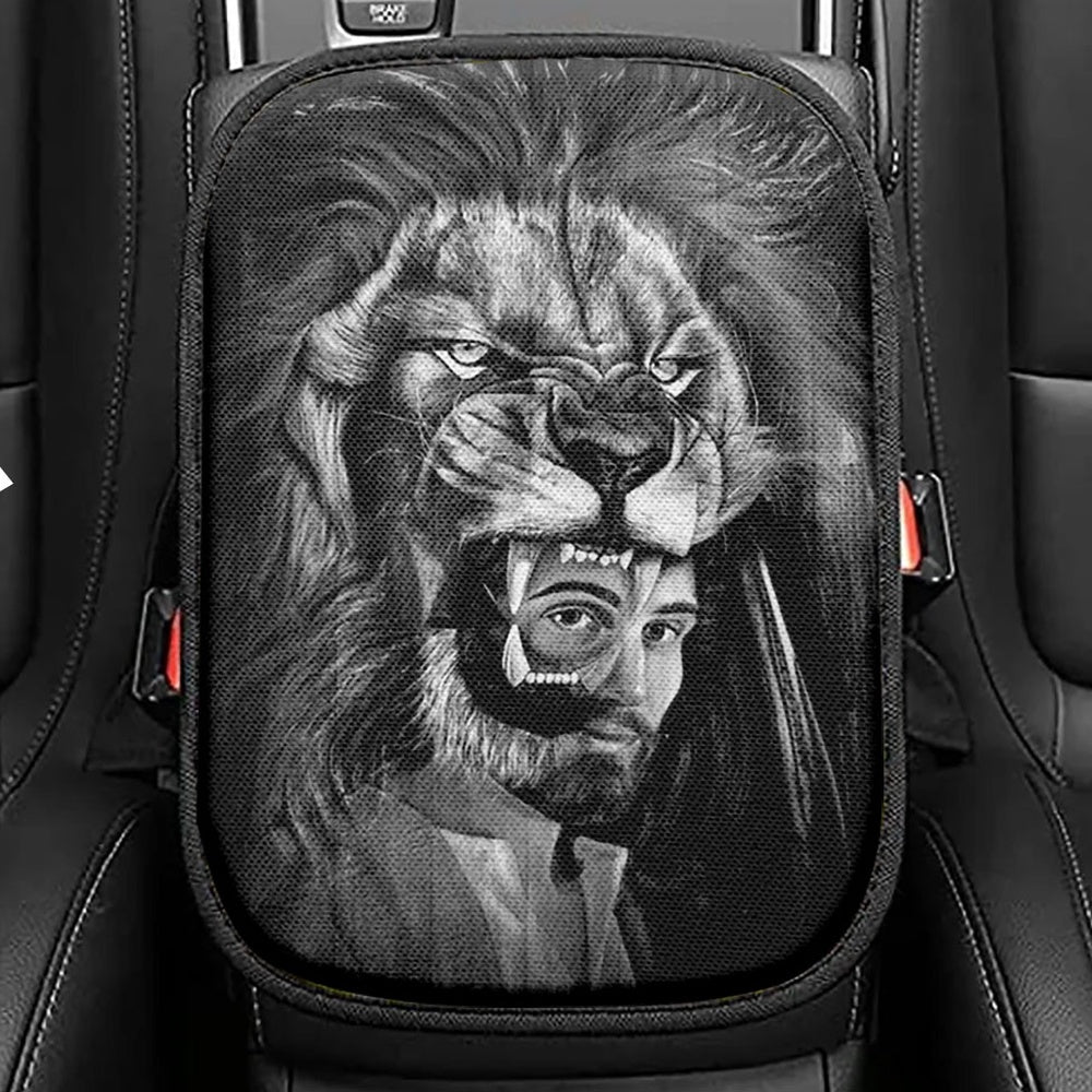 Jesus Lion Of Judah Black And White Seat Box Cover, Jesus Portrait Car Center Console Cover, Christian Car Interior Accessories