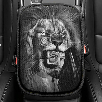 Jesus Lion Of Judah Black And White Seat Box Cover, Jesus Portrait Car Center Console Cover, Christian Car Interior Accessories