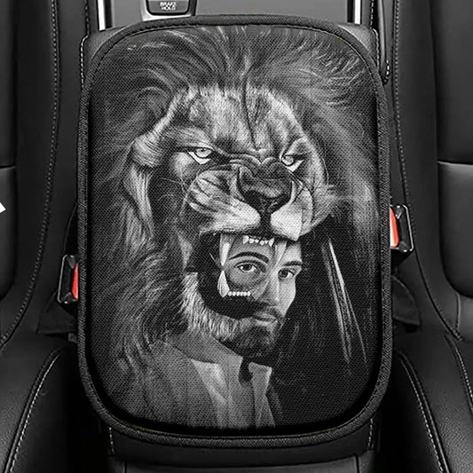 Jesus Lion Of Judah Black And White Seat Box Cover, Jesus Portrait Car Center Console Cover, Christian Car Interior Accessories