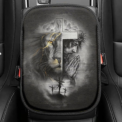 Jesus Lion Of Judah Crown Of Thorn Seat Box Cover, Christian Car Center Console Cover, Bible Verse Car Interior Accessories