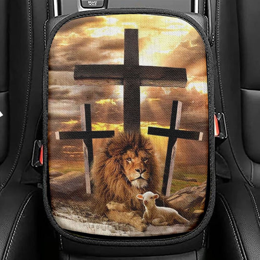 Jesus Lion Of Judah, Lamb Of God, Three Crosses Car Center Console Cover, Christian Armrest Seat Cover, Bible Seat Box Cover
