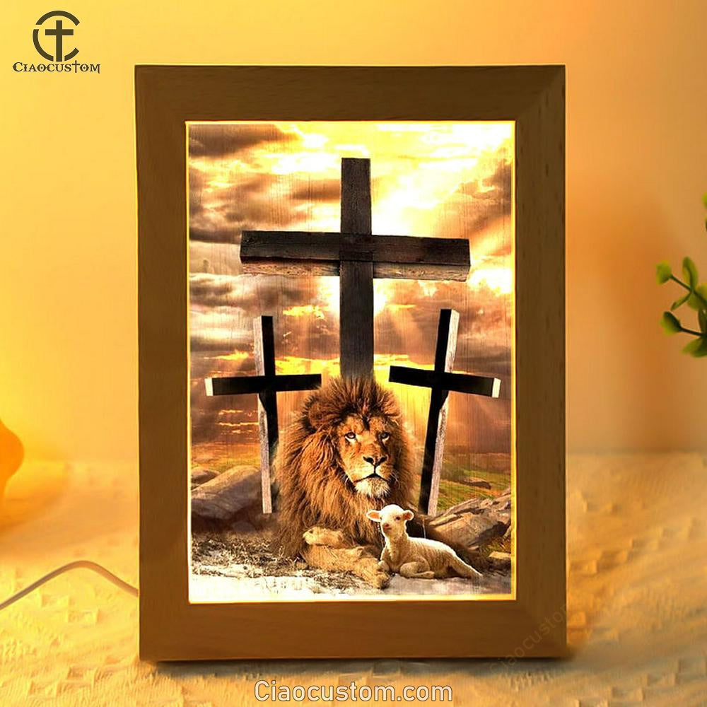 Jesus Lion Of Judah, Lamb Of God, Three Crosses Frame Lamp