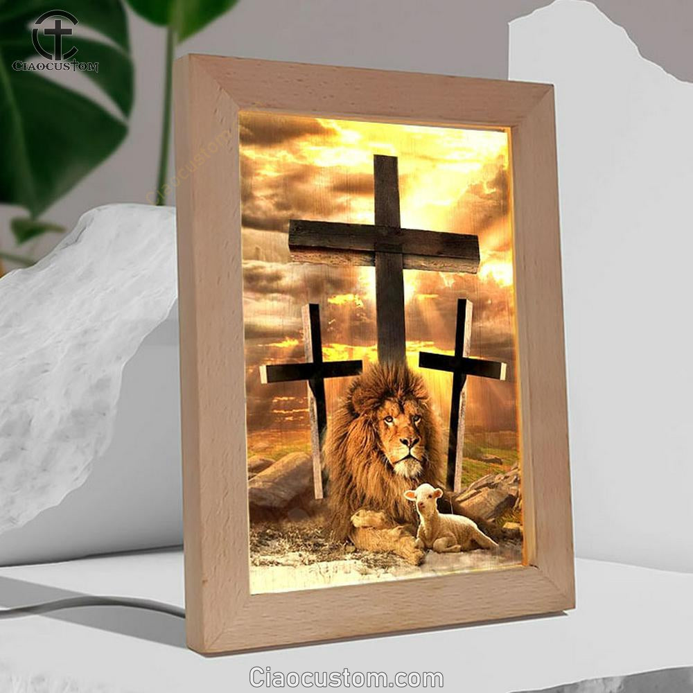 Jesus Lion Of Judah, Lamb Of God, Three Crosses Frame Lamp