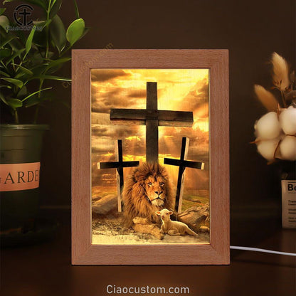 Jesus Lion Of Judah, Lamb Of God, Three Crosses Frame Lamp