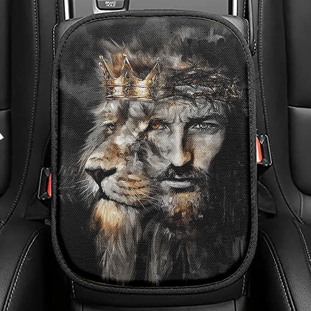 Jesus Lion Of Judah Seat Box Cover, The Sacrifice Of Jesus Christ Car Center Console Cover, Christian Car Interior Accessories