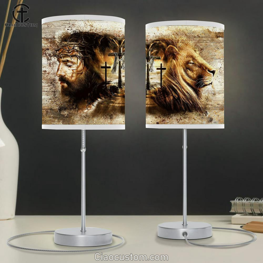 Jesus Lion Of Judah Three Wooden Crosses Table Lamp Art - Christian Lamp Art Decor - Bible Verse Table Lamp