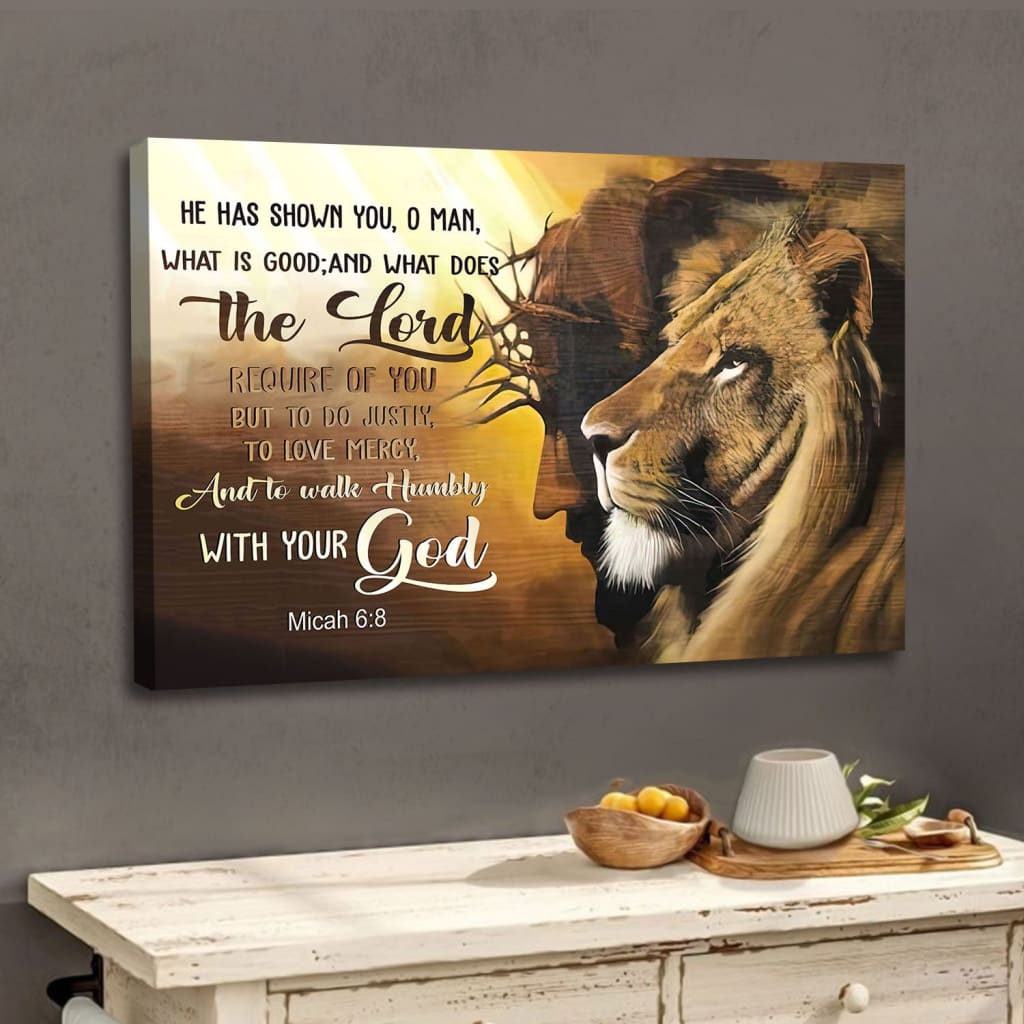 Jesus Lion Of Judah, Walk Humbly With Your God Micah 68 Bible Verse Wall Art Canvas - Religious Wall Decor