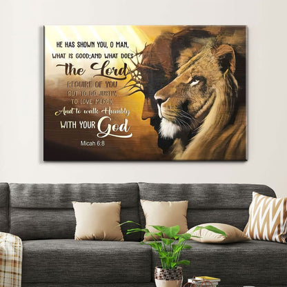 Jesus Lion Of Judah, Walk Humbly With Your God Micah 68 Bible Verse Wall Art Canvas - Religious Wall Decor