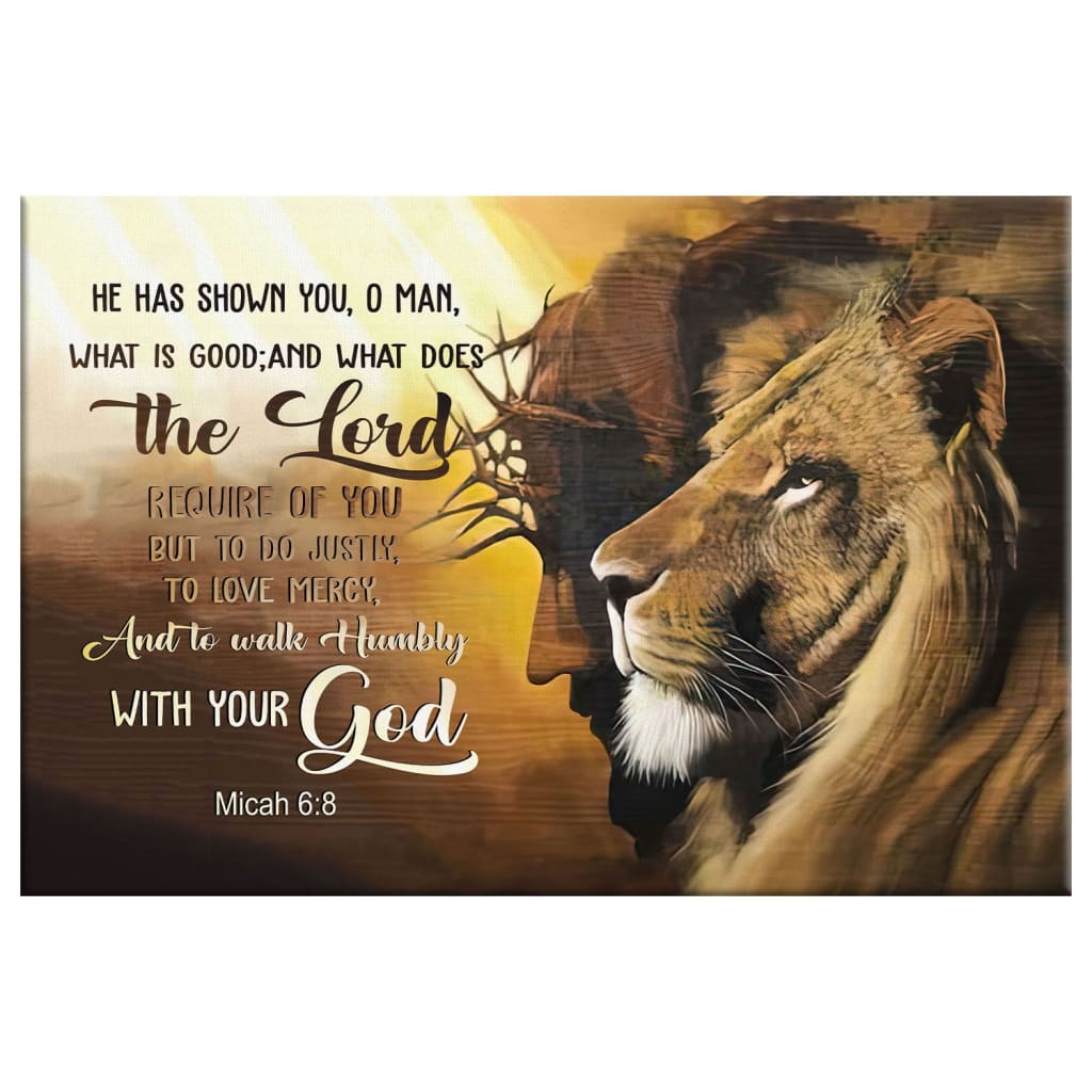 Jesus Lion Of Judah, Walk Humbly With Your God Micah 68 Bible Verse Wall Art Canvas - Religious Wall Decor