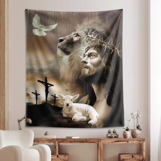 Jesus Lion Sheep Cross Dove Jesus Tapestry God Tapestry Christian Tapestry