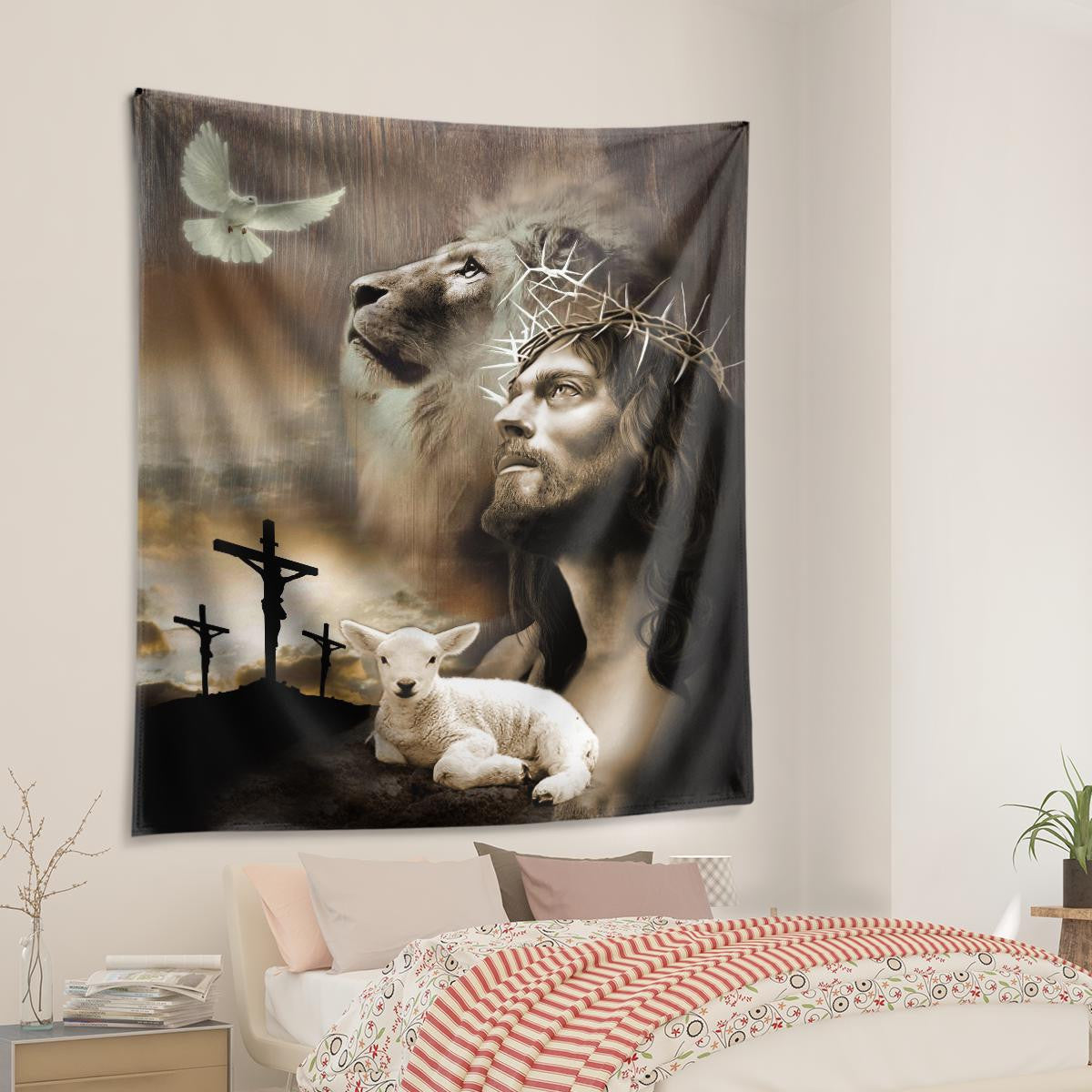 Jesus Lion Sheep Cross Dove Jesus Tapestry God Tapestry Christian Tapestry