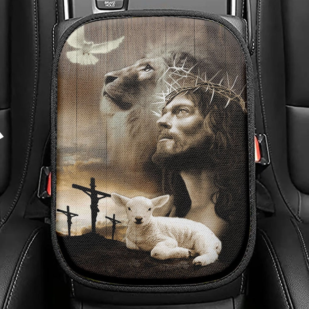 Jesus Lion Sheep Cross Dove Seat Box Cover, Jesus Christ Car Center Console Cover, Christian Car Interior Accessories