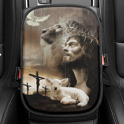 Jesus Lion Sheep Cross Dove Seat Box Cover, Jesus Christ Car Center Console Cover, Christian Car Interior Accessories