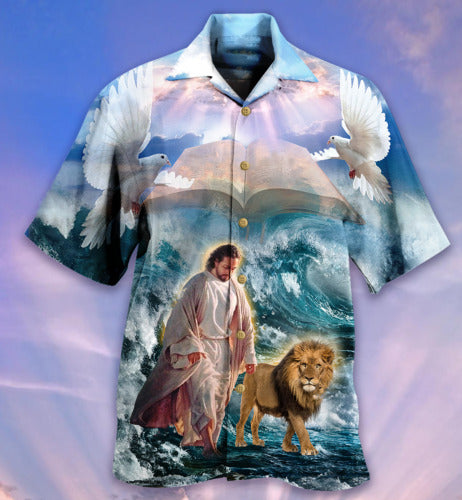 Jesus Lion Walk On The Water Hawaiian Shirt - Christian Jesus Lion Faith Over Fear Hawaiian Shirt For Men & Women