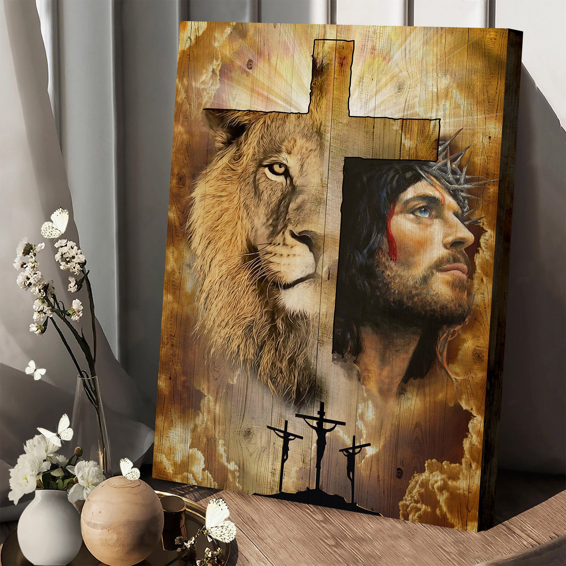 Jesus Lion and Cross - Jesus Canvas Art - Christian Wall Canvas