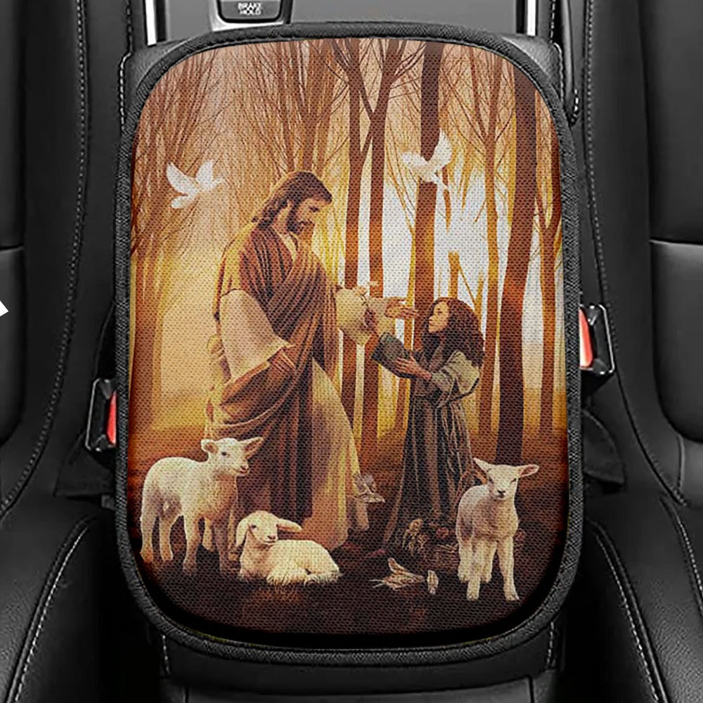 Jesus Little Girl Lamb Of God White Dove Seat Box Cover, Jesus Portrait Car Center Console Cover, Christian Car Interior Accessories