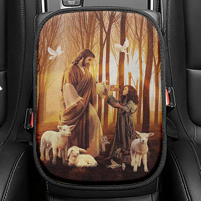 Jesus Little Girl Lamb Of God White Dove Seat Box Cover, Jesus Portrait Car Center Console Cover, Christian Car Interior Accessories