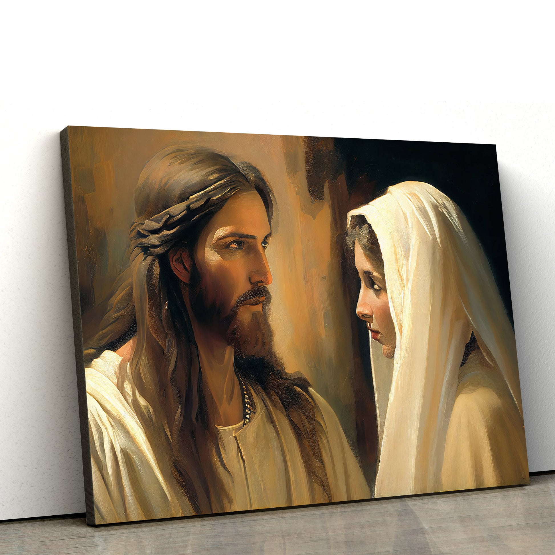 Jesus Looking At Mary Vintage Style Religious Wall - Canvas Pictures - Jesus Canvas Art - Christian Wall Art