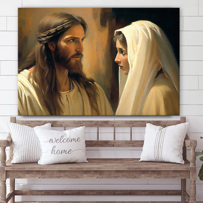 Jesus Looking At Mary Vintage Style Religious Wall - Canvas Pictures - Jesus Canvas Art - Christian Wall Art