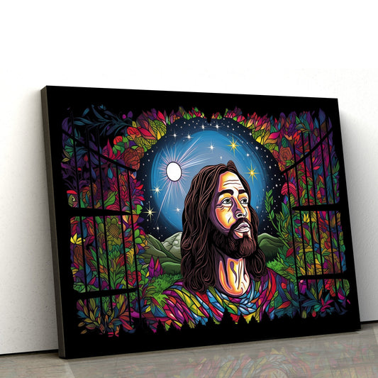 Jesus Looking Through A Fence At The Night Sky - Canvas Pictures - Jesus Christ Canvas - Christian Wall Art