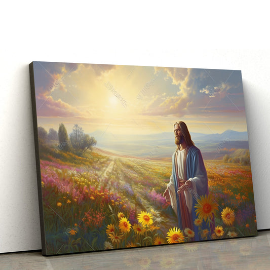Jesus Looks At A Flower In A Field - Canvas Picture - Jesus Christ Canvas - Christian Wall Art