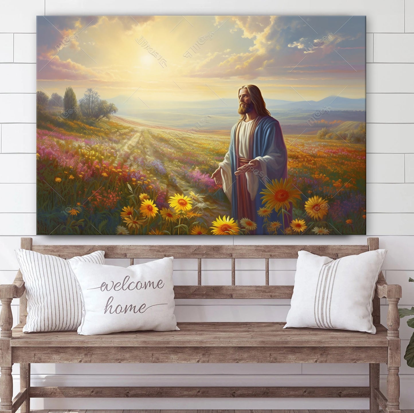 Jesus Looks At A Flower In A Field - Canvas Picture - Jesus Christ Canvas - Christian Wall Art