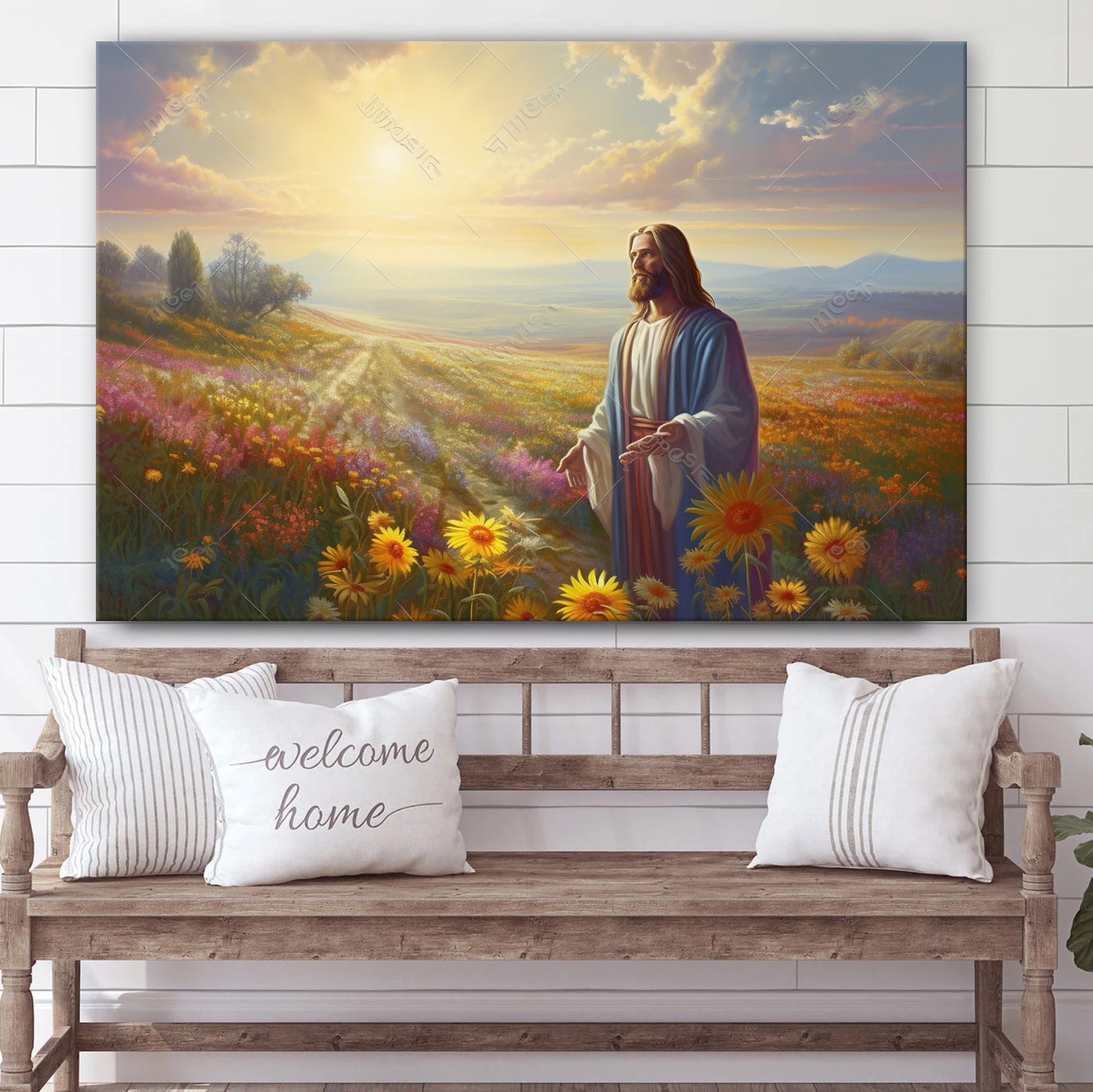 Jesus Looks At A Flower In A Field - Canvas Picture - Jesus Christ Canvas - Christian Wall Art