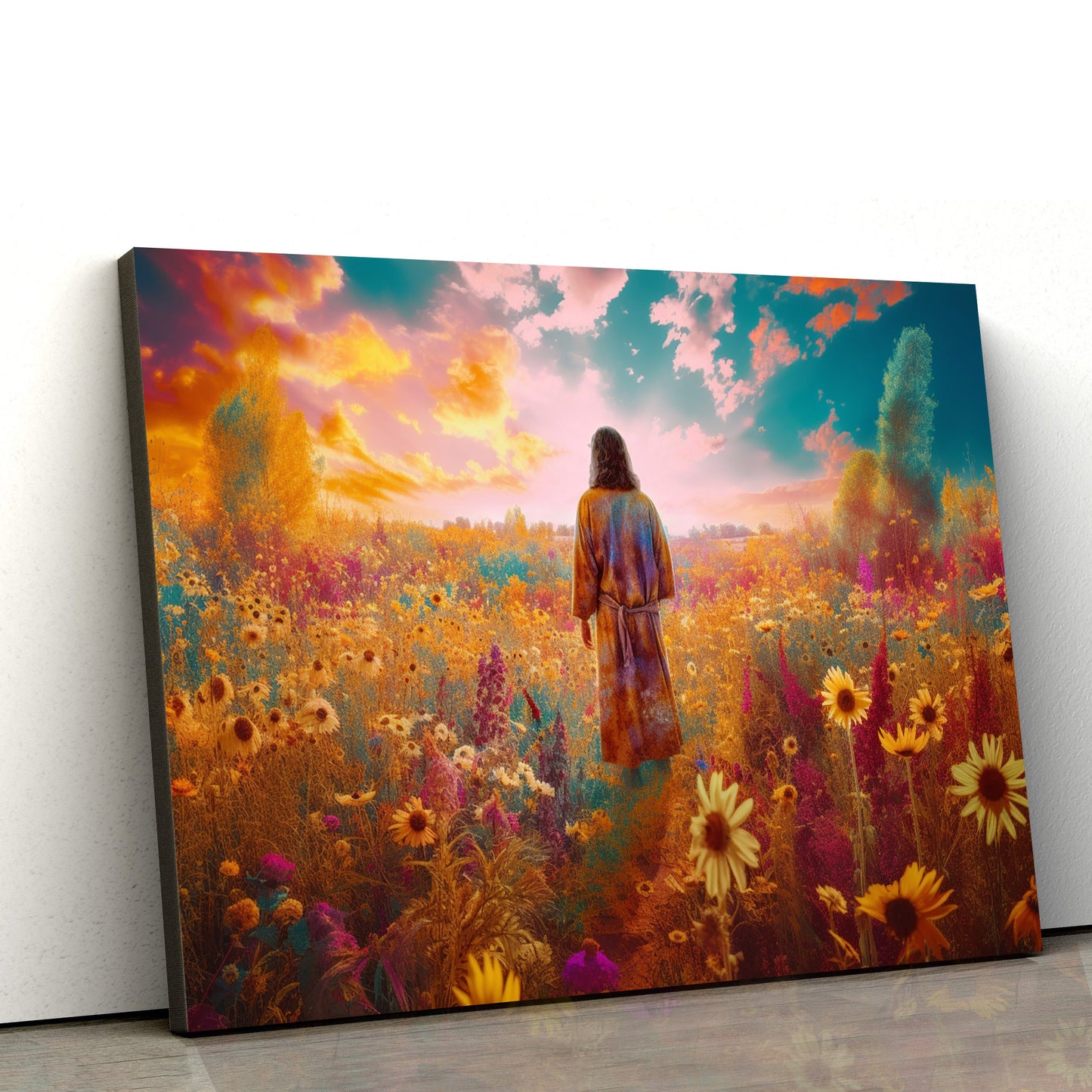 Jesus Looks At A Flower In A Field 1 - Canvas Picture - Jesus Christ Canvas - Christian Wall Art