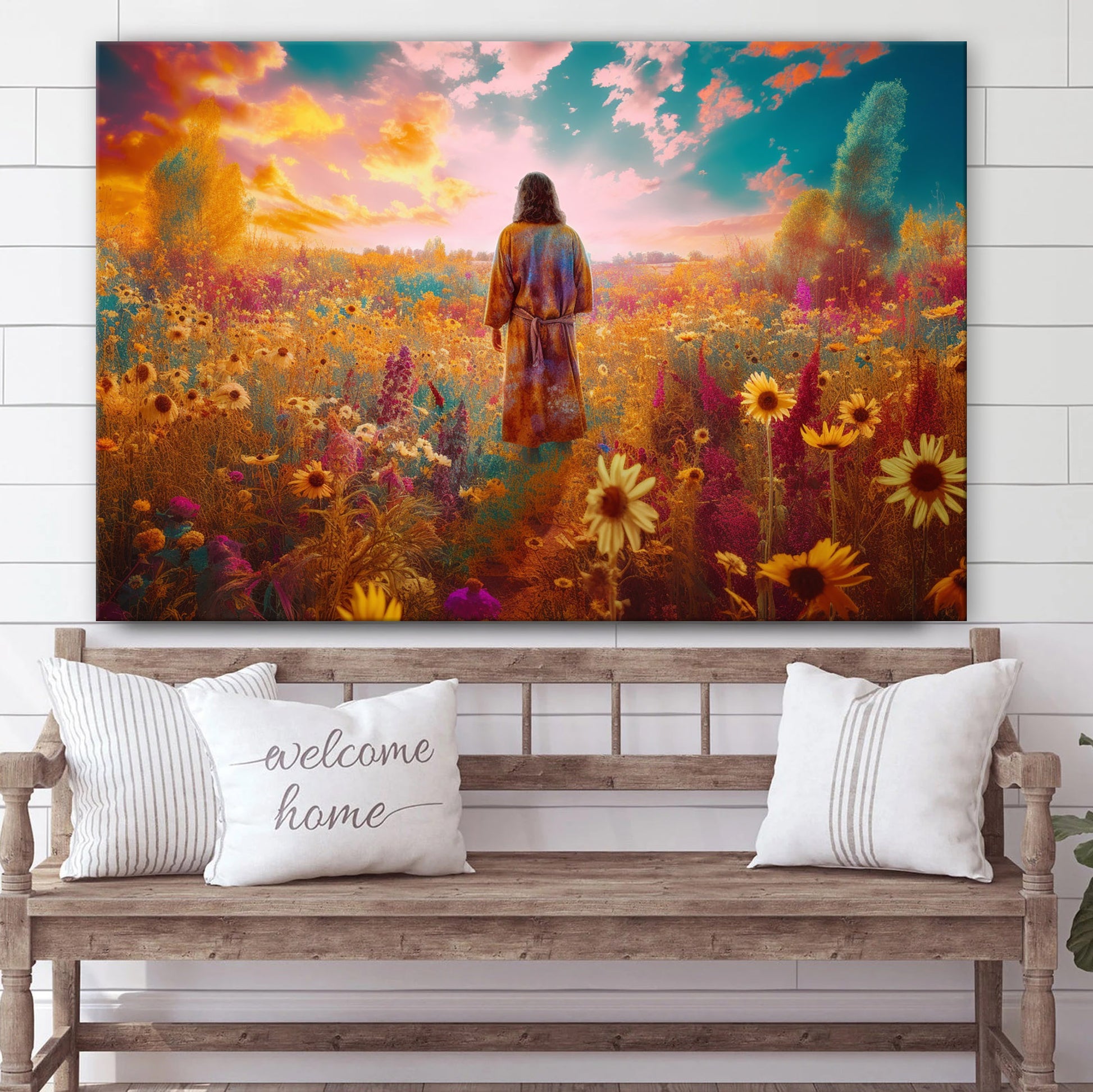 Jesus Looks At A Flower In A Field 1 - Canvas Picture - Jesus Christ Canvas - Christian Wall Art
