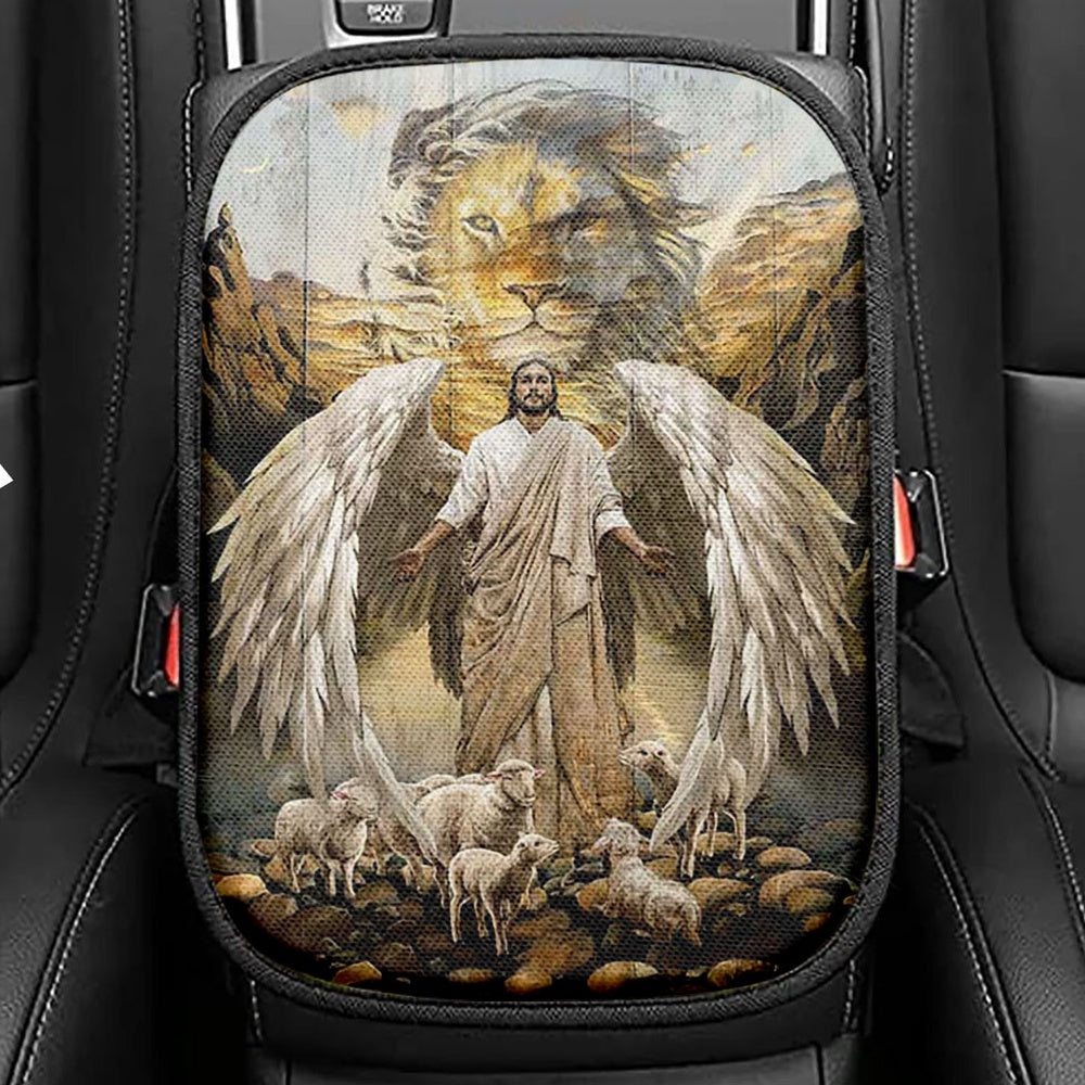Jesus Lord Wings Lion Of Judah Lambs Of God Seat Box Cover, Jesus Portrait Car Center Console Cover, Christian Car Interior Accessories