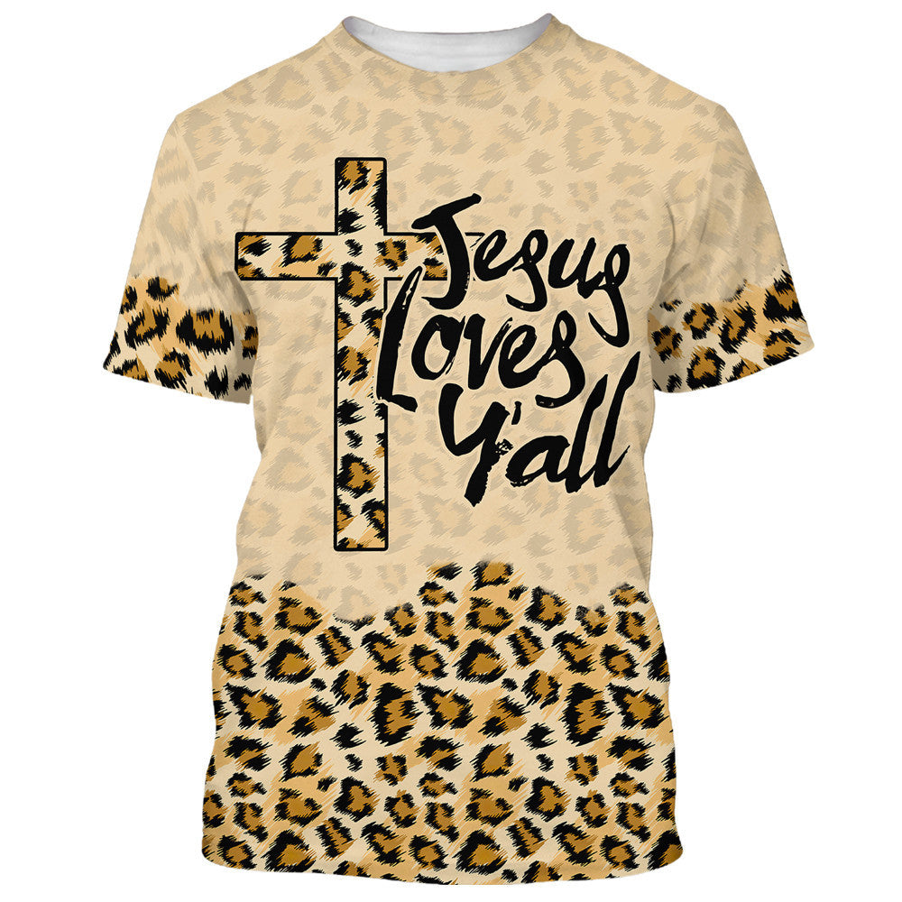 Jesus Love Y'all Leopard Print 3D All Over Printed Shirt for Men and Women