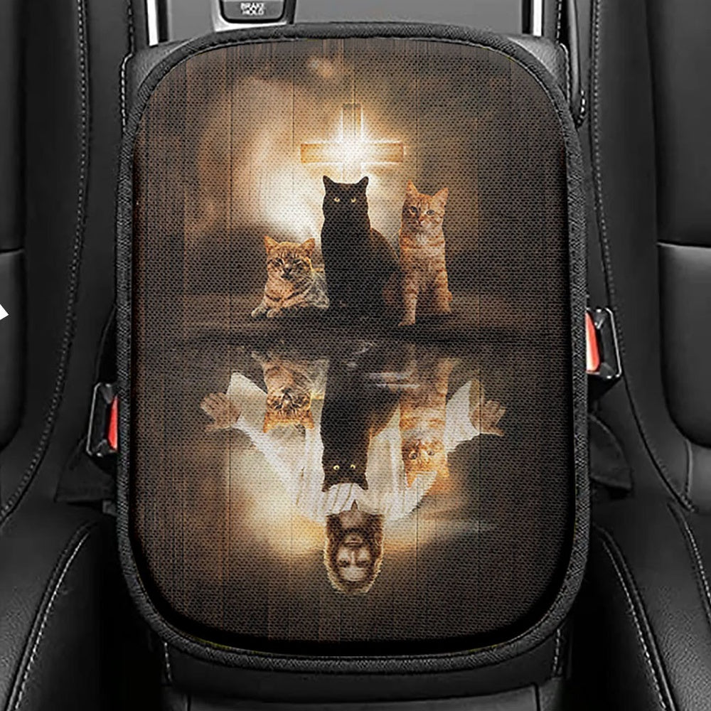 Jesus Lovely Cat Light Cross Seat Box Cover, Jesus Portrait Car Center Console Cover, Christian Car Interior Accessories