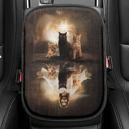 Jesus Lovely Cat Light Cross Seat Box Cover, Jesus Portrait Car Center Console Cover, Christian Car Interior Accessories