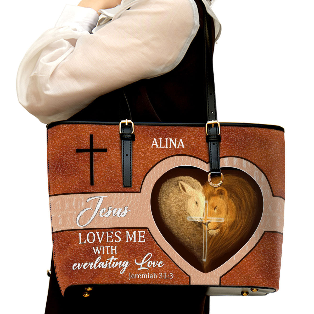 Jesus Loves Me With Everlasting Love Personalized Pu Leather Tote Bag For Women - Mom Gifts For Mothers Day