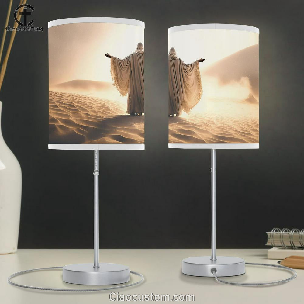 Jesus Man Coat Stand Desert Sands During Storm Raising Hands Praying Table Lamp Pictures - Faith Art - Christian Table Lamp For Bedroom Decor