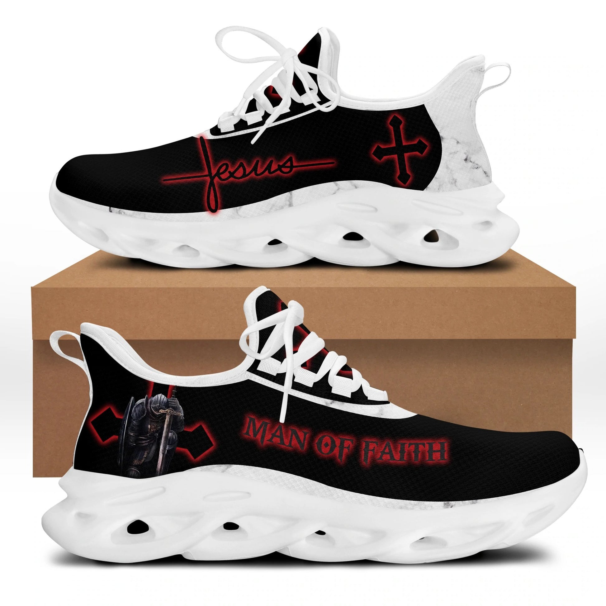 Jesus Men Of Faith Yezy Running Sneakers Red Black Max Soul Shoes - Christian Shoes For Men And Women