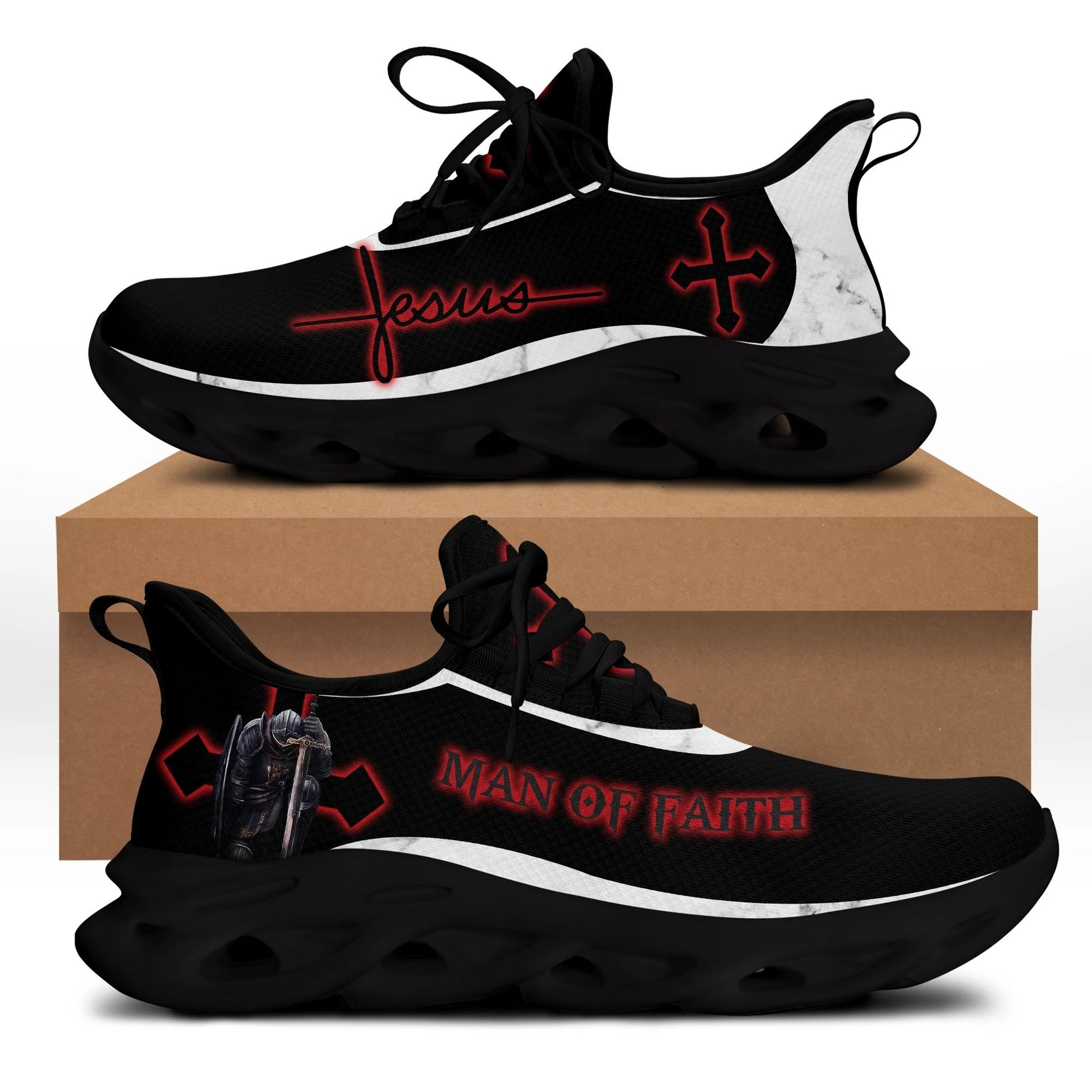 Jesus Men Of Faith Yezy Running Sneakers Red Black Max Soul Shoes - Christian Shoes For Men And Women
