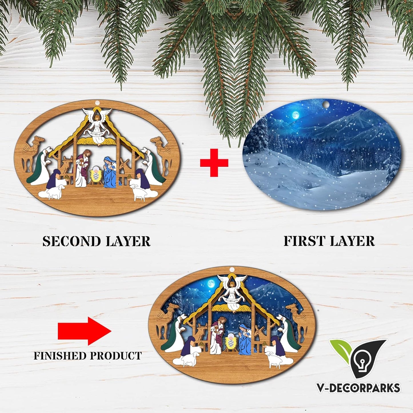 Jesus Nativity Christmas Wood Layered Ornaments - Christmas Tree Ornament